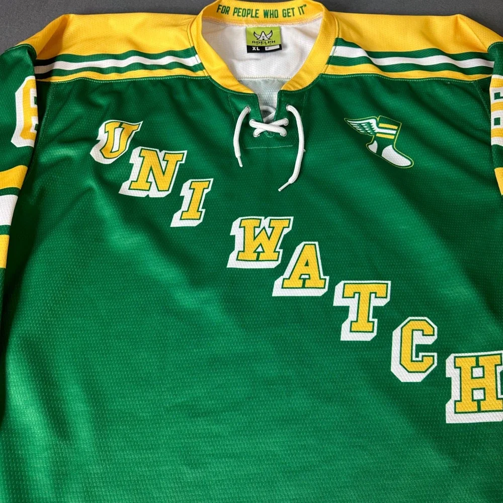 Adelph Wear Uni Watch Hockey Jersey Mens XL Green Yellow Howland 6 Lace Up Neck